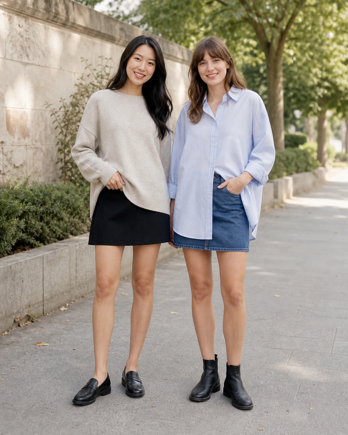 Two women wearing short skirts with long relaxed tops on a bright park path
