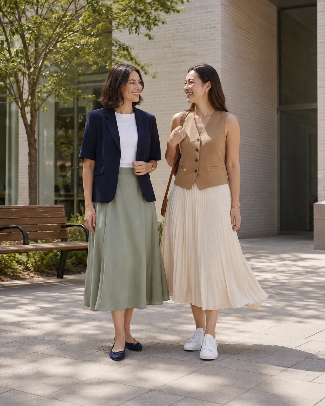 Two women balancing soft fluid skirts with structured tops outside a bright neighborhood library