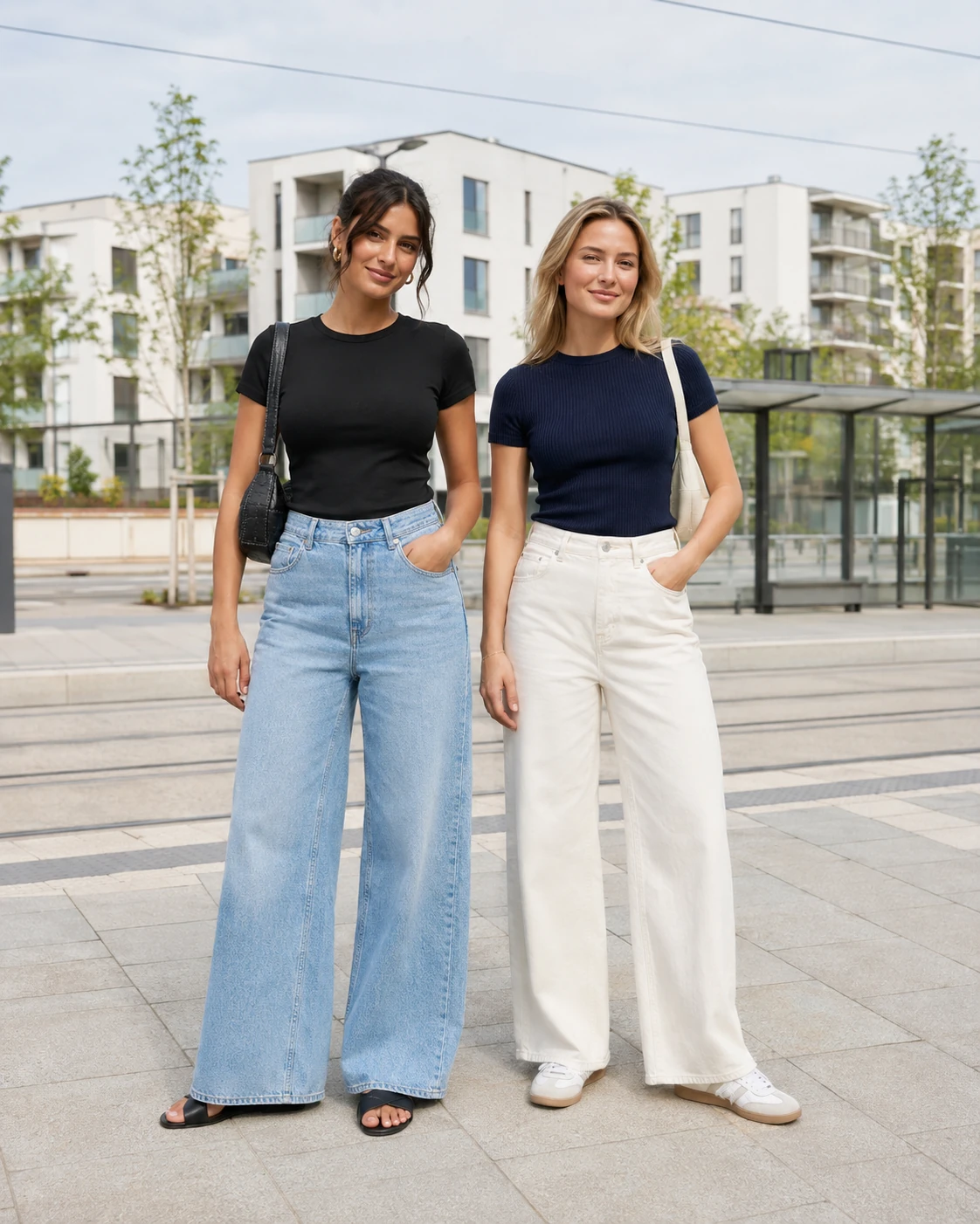 Two women defining wide-leg jeans with slim tops at a bright neighborhood tram stop