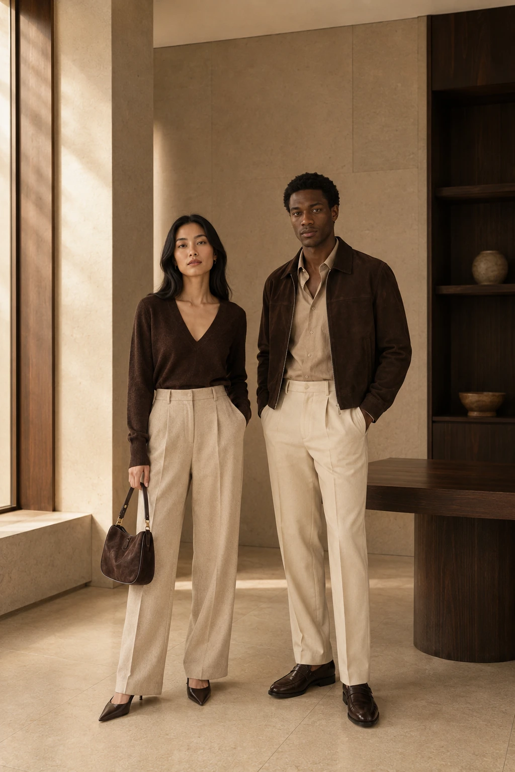 A woman and man combining chocolate knitwear and jackets with beige tailored trousers in a warm minimalist interior