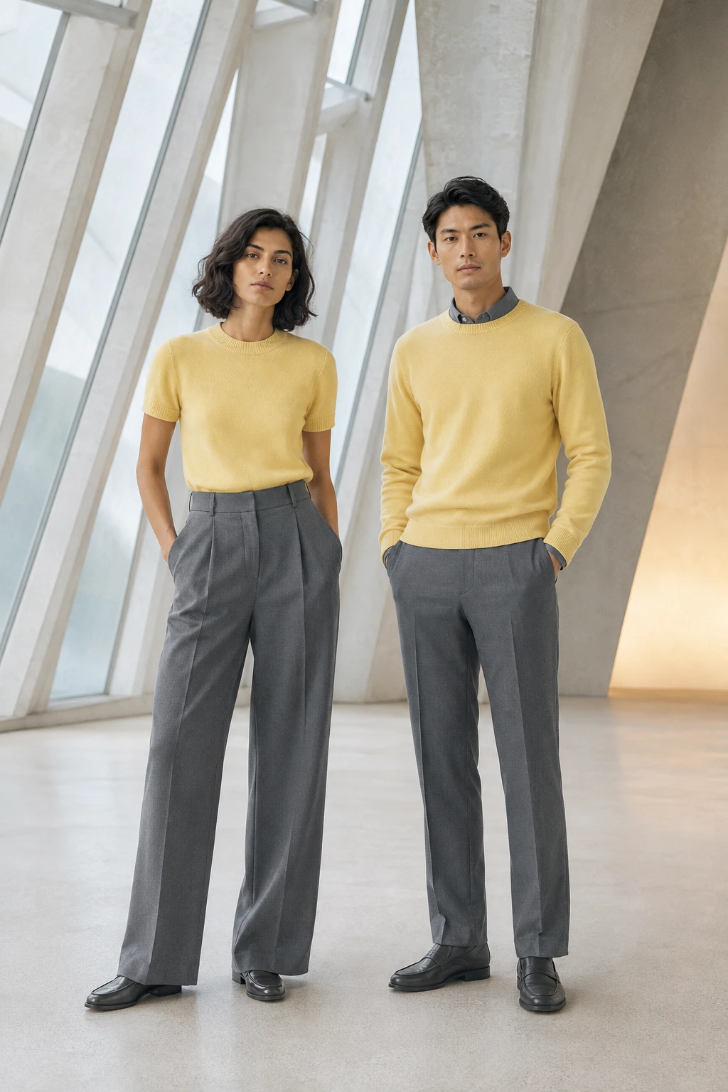 A woman and man in soft-yellow knitwear with Payne's-grey tailored trousers in a bright conservatory